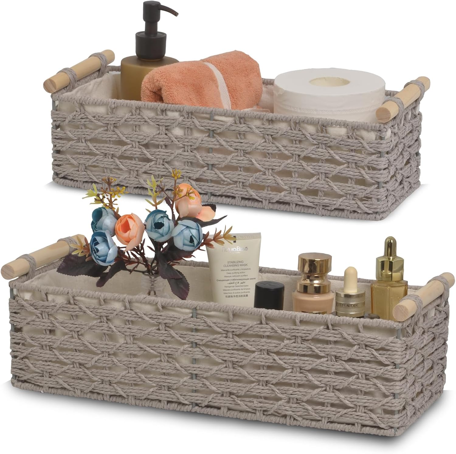 Toilet Paper Baskets for Organizing[2 pack],Paper Rope Wicker Storage Basket with Handle, Bathroom Basket for Bedroom,Living Room.Nursery, (black)