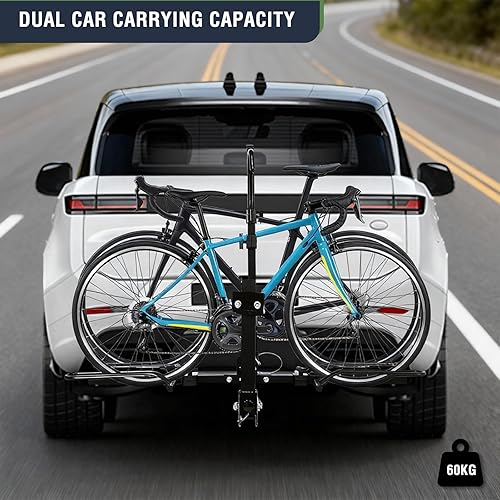 Miniatura 4 de Carries 2 Bikes Trailer Hitch Bike Rack Anti Wobble Tilting Bike Luggage Rack Fits 2 Inch Receiver Car Rear Hanging Frame for Standard Fat Tire and