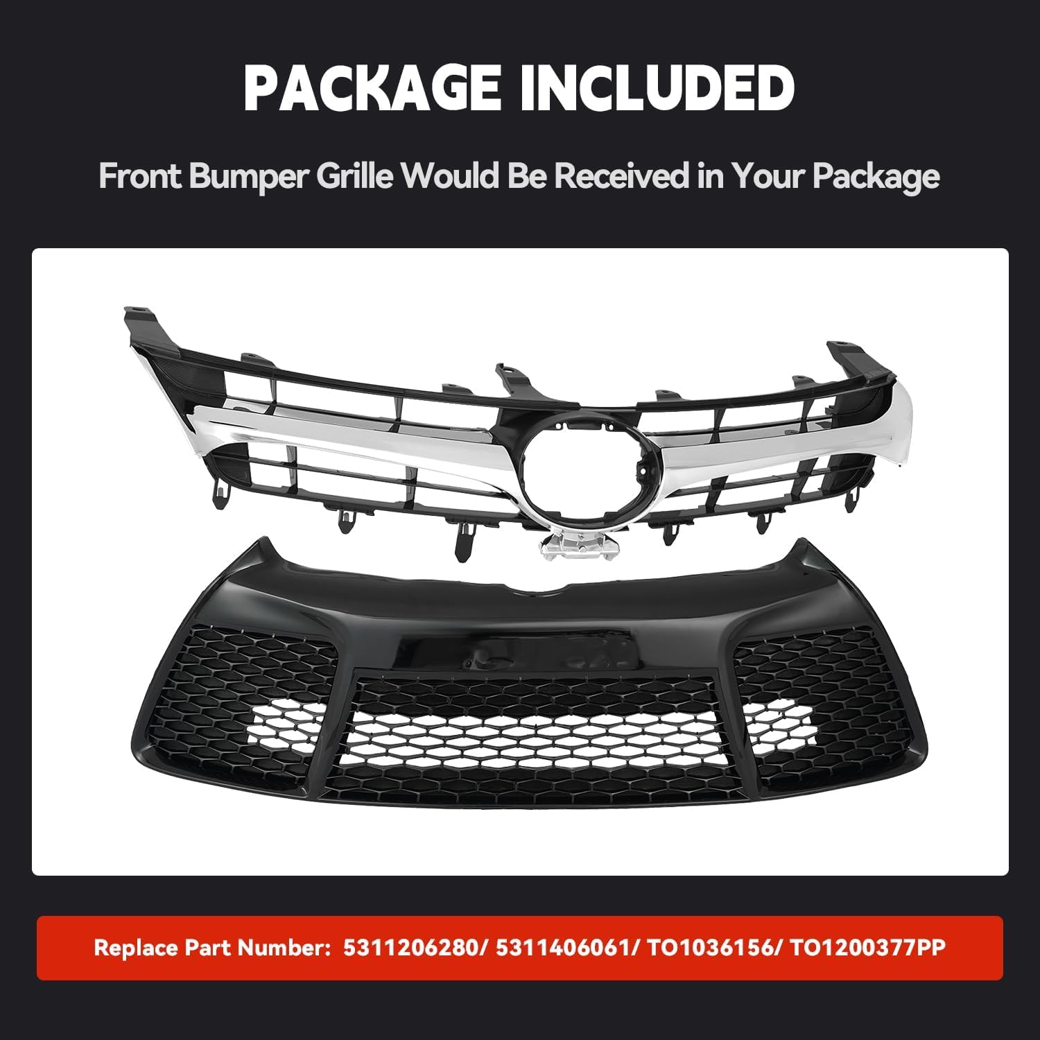 Front Bumper Upper Lower Grille Assembly Grill Set Compatible with 2015 2016 2017 Toyota Camry SE XSE, Replace 5311206280 + 5311406061 TO1036156 + TO1200377PP