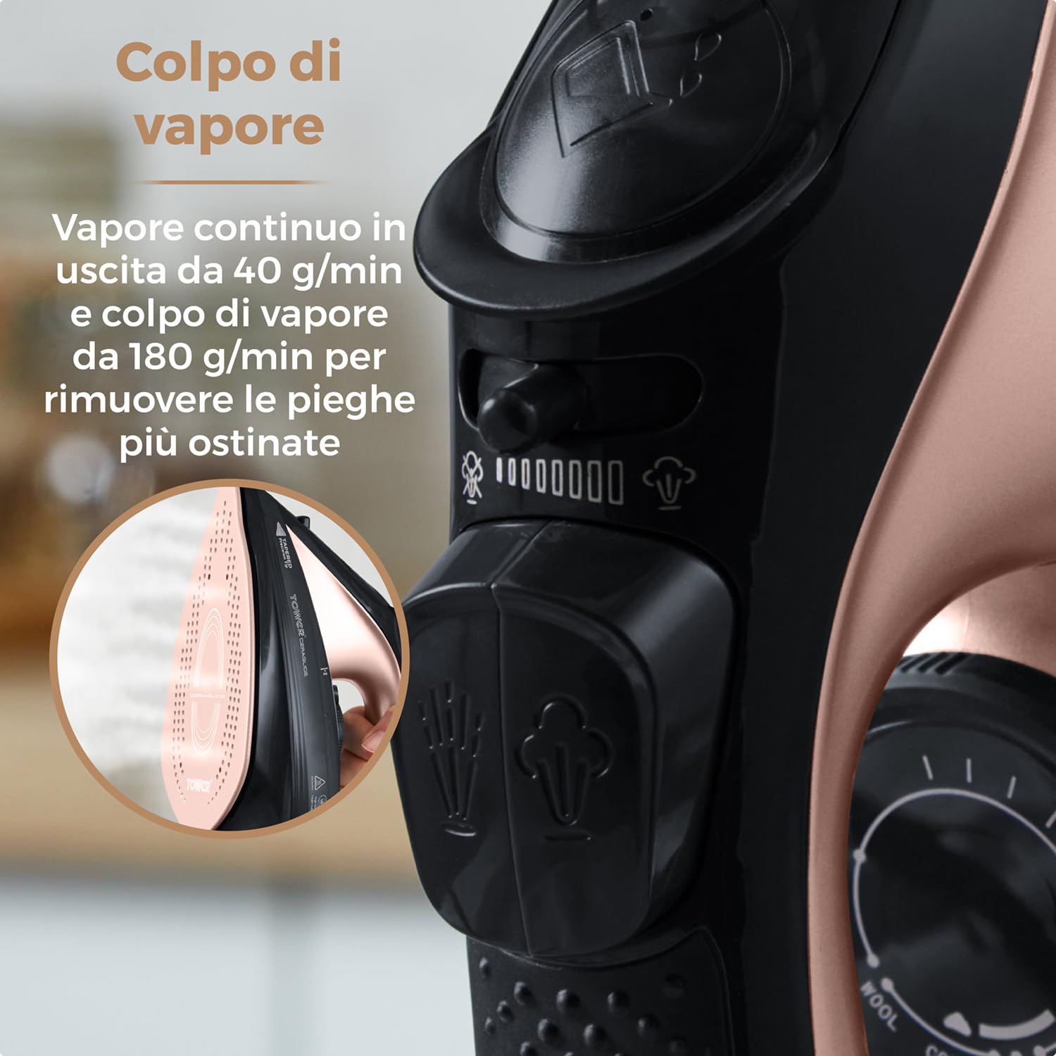 Tower T22008RG Ferro da Stiro a Vapore Senza Fili CeraGlide con Piastra in Ceramica e Funzione Vapore Variabile, Nero e Oro Rosa