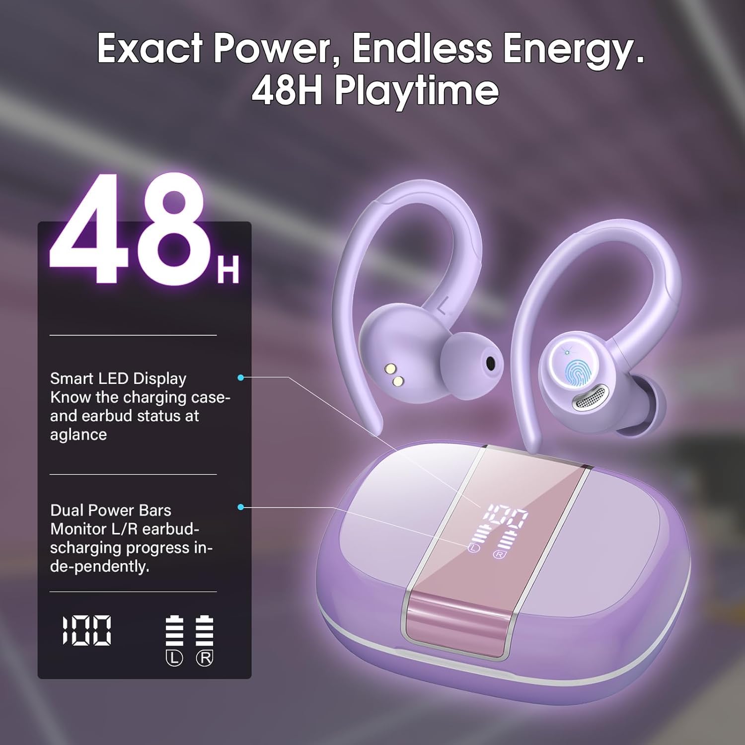 Csasan Auriculares inalámbricos Deportivos, Cascos Sonido Premium | 48H Bluetooth 5.3 Auriculares con HD Micrófono y Pantalla LED, Diseño de Gancho de Aire, iOS Android para Deportes, Púrpura