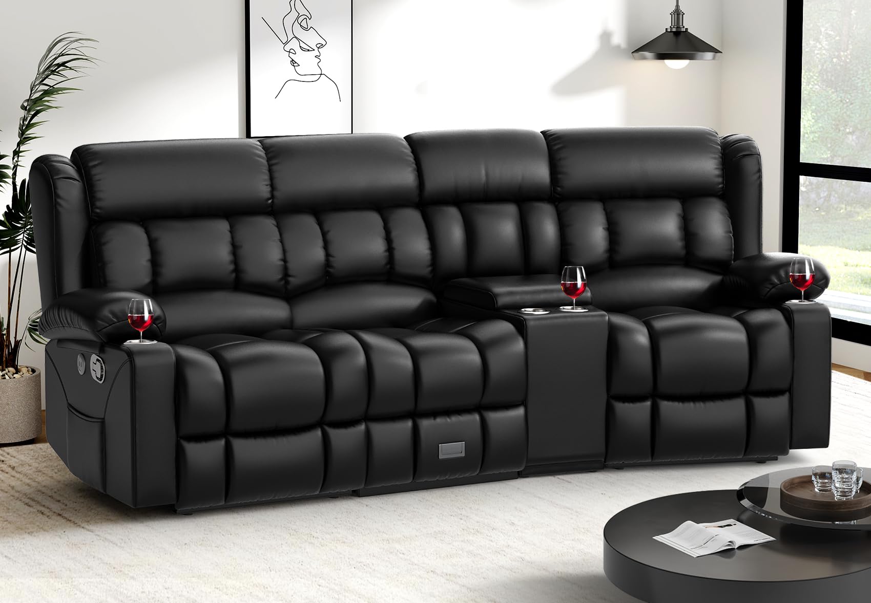 Recliner Sofa with Storage Console, Flip Middle Backrest Design PU Leather 3 Seat Reclining Sofa with Storage Drawer, Manual Couch for Living Room (Black, 3 Seater + Console)