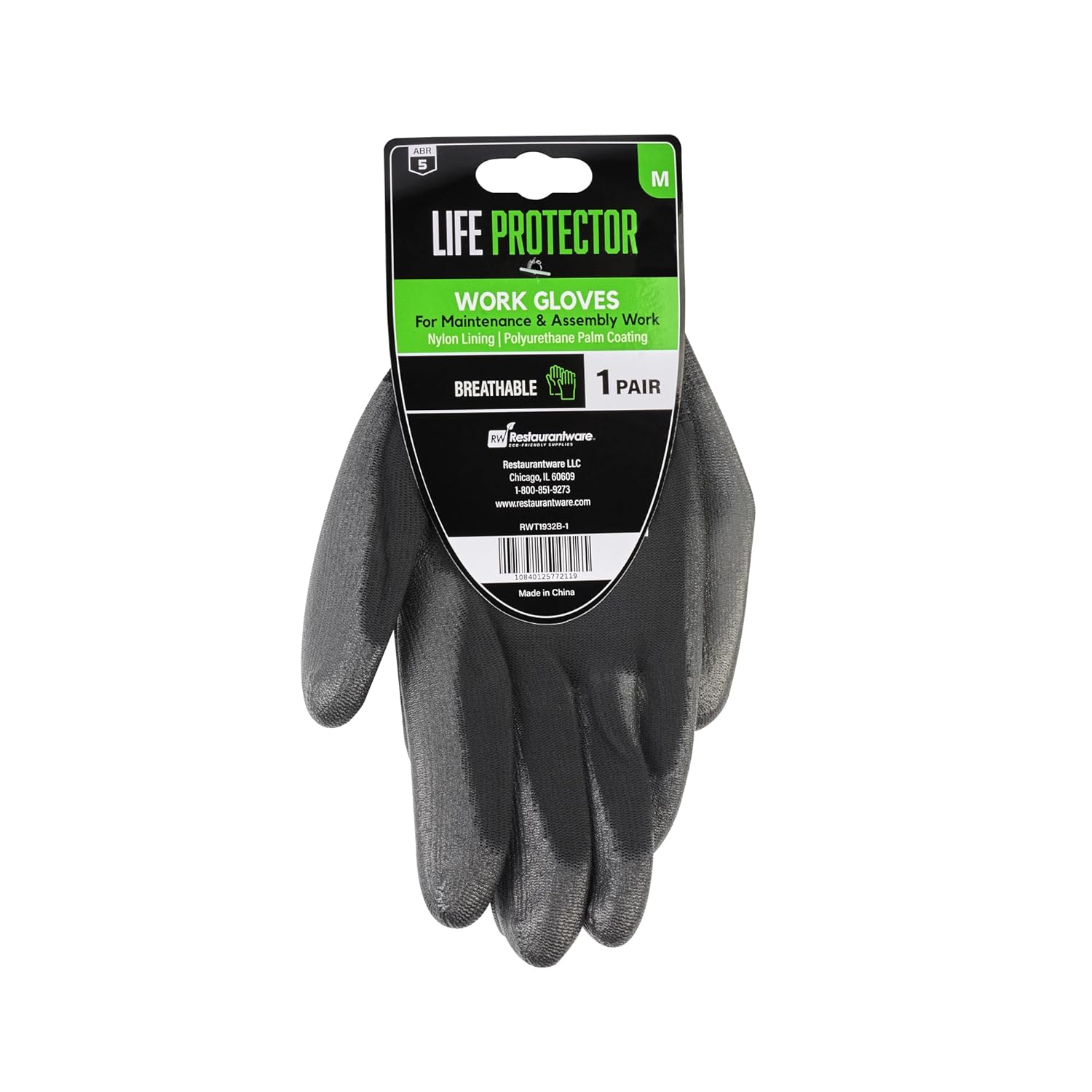 Restaurantware Medium Safety Work Gloves, 10 Pairs Of Gloves With PU Coating On Palm And Fingertips - 13-Gauge, Excellent Grip, Black Polyester And Spandex Protective Handwear