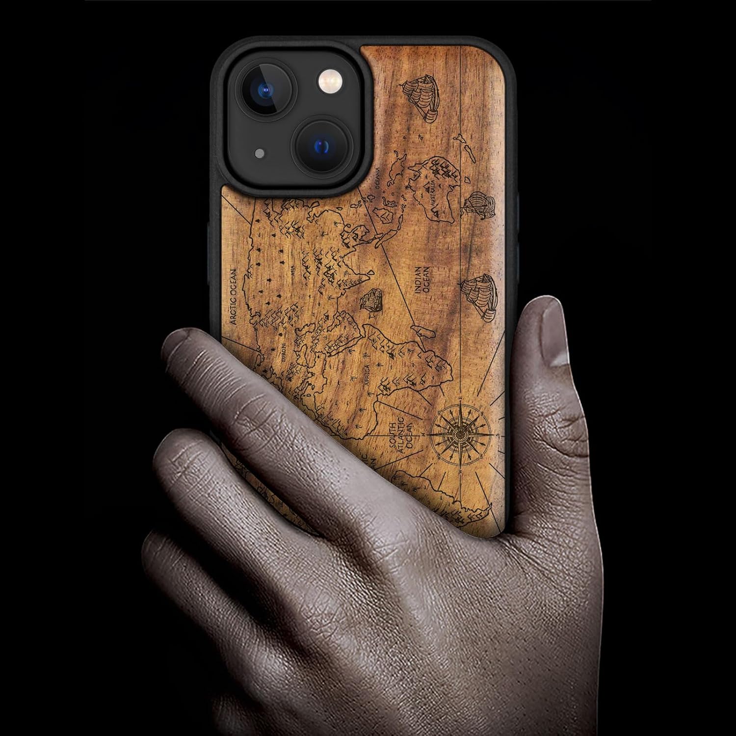 Carveit Magnetic Wooden Case for iPhone 15 Case, Compatible with MagSafe Wireless Chargers, Black Soft TPU Shockproof Cover & Wood Artisan Engraved (World Map) - Walnut