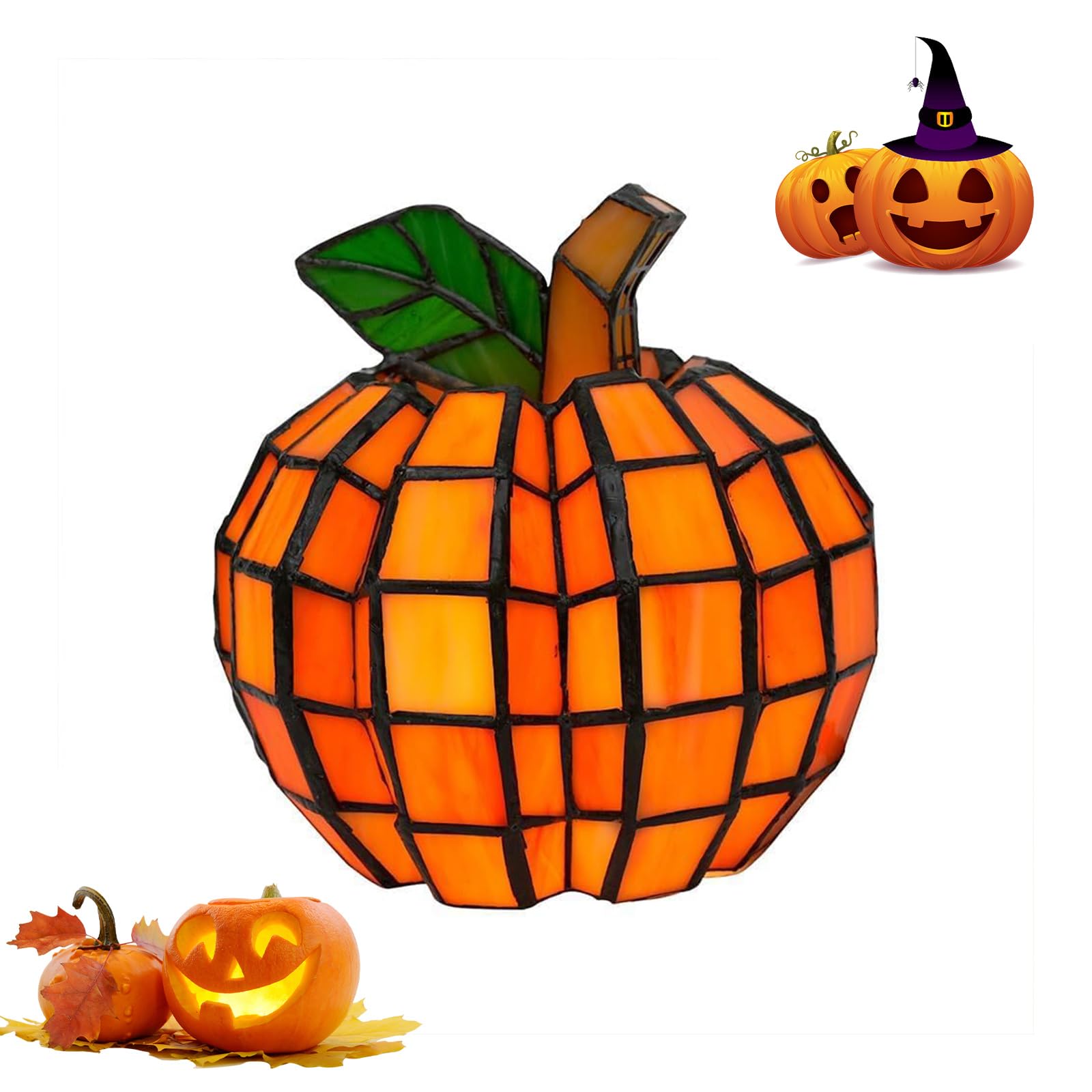 NPLSEO Stained Glass Pumpkin Lamp, Pumpkin Stained Accent Lamp, Orange Indoor Patch The Pumpkin Stained Glass, Handcrafted Fall & Halloween Decor with LED Light for Bedroom, Bathroom and Home Decor
