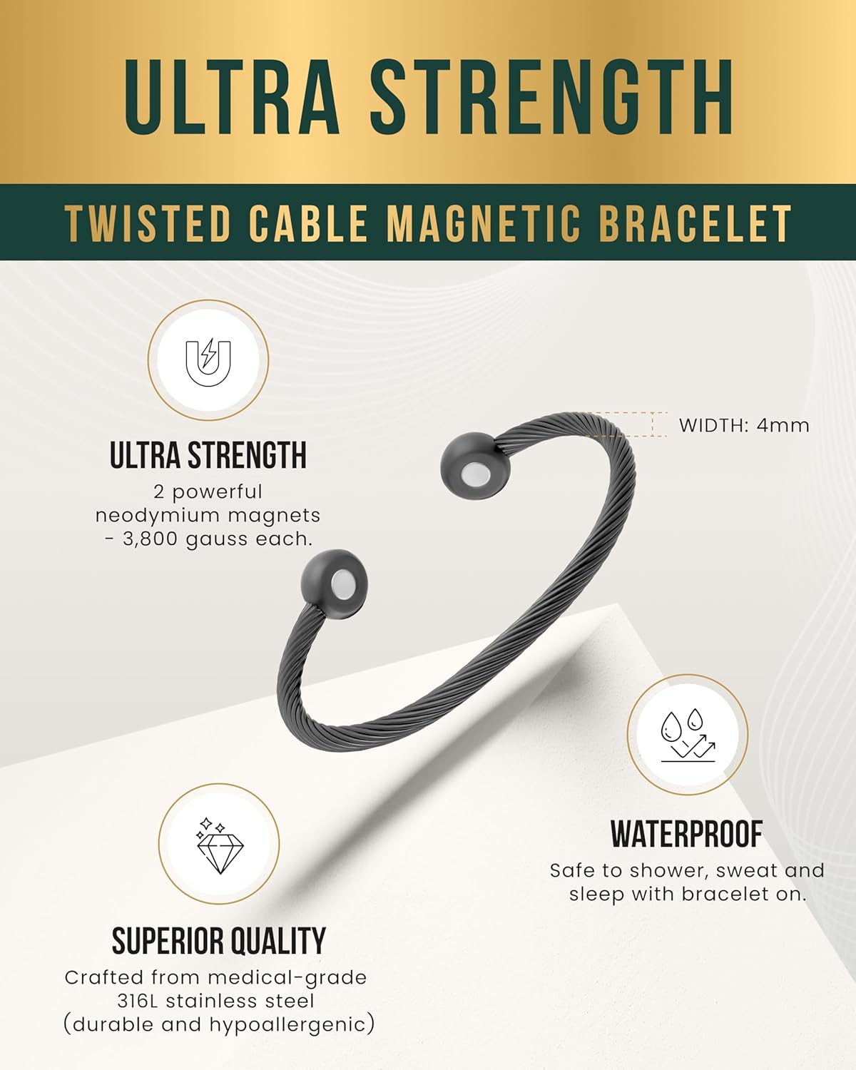 MagnetRX® Magnetic Bracelet Cuff - Twisted Cable Stainless Steel Bangle Magnetic Bracelets - Elegant Golf Bracelet Men & Women (Gunmetal | Medium) - Image 4