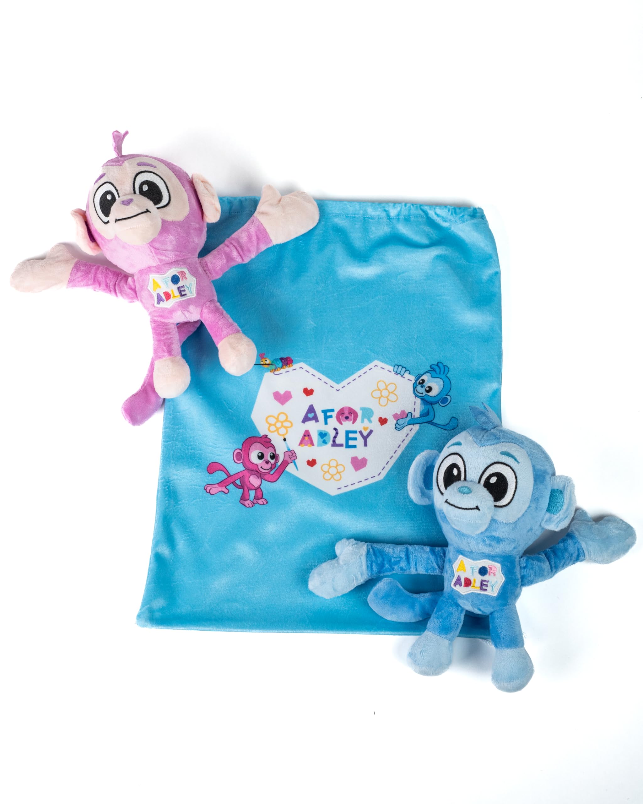 A FOR ADLEY Official Merch Monkey Buddies, A Pink and Blue Monkey Ready to Be Your Favorite Stuffed Animal Friend. Comes with Carrying Bag.