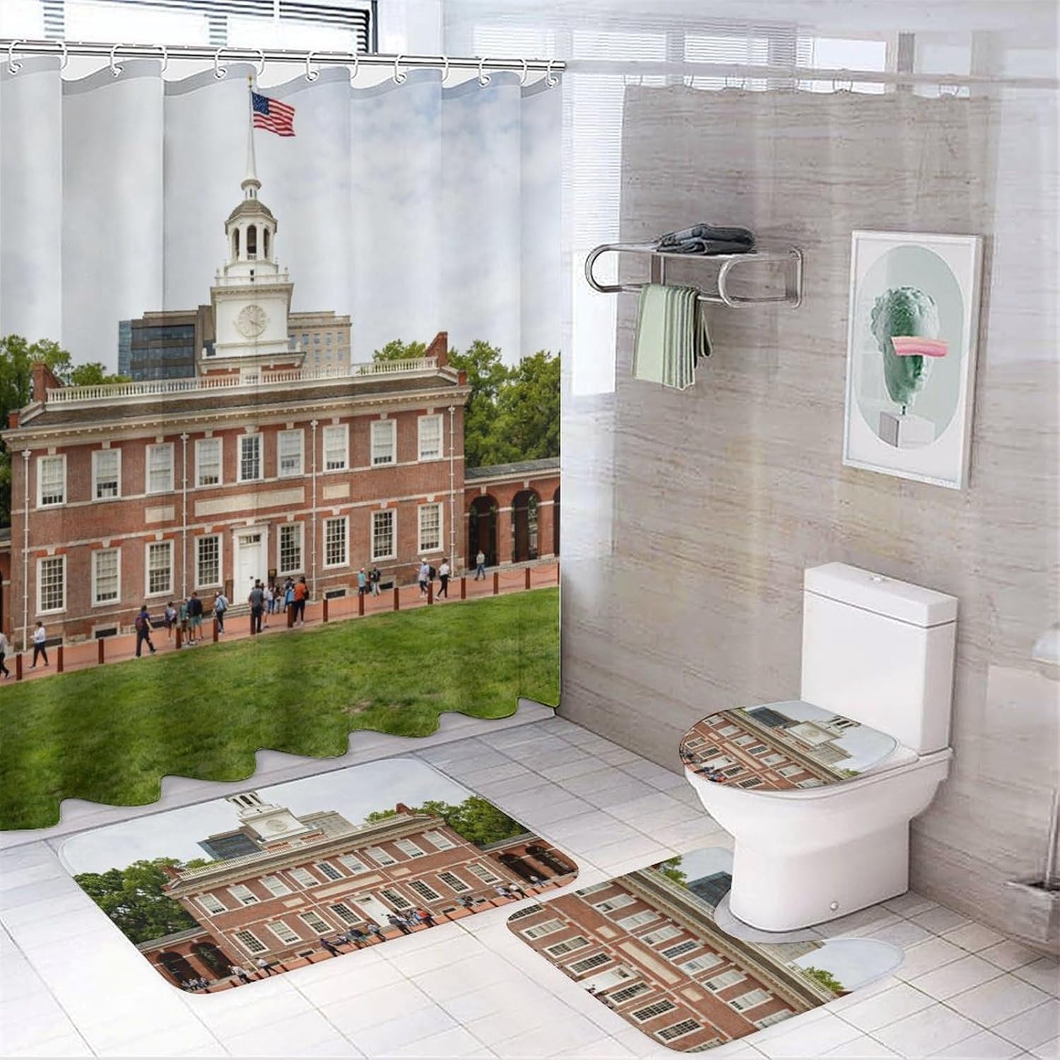 4 Piece Bathroom Rug Set with Shower Curtain, Non-Slip Bath Mat Toilet Cover Set, Independence Palace Bathroom Rug Sets
