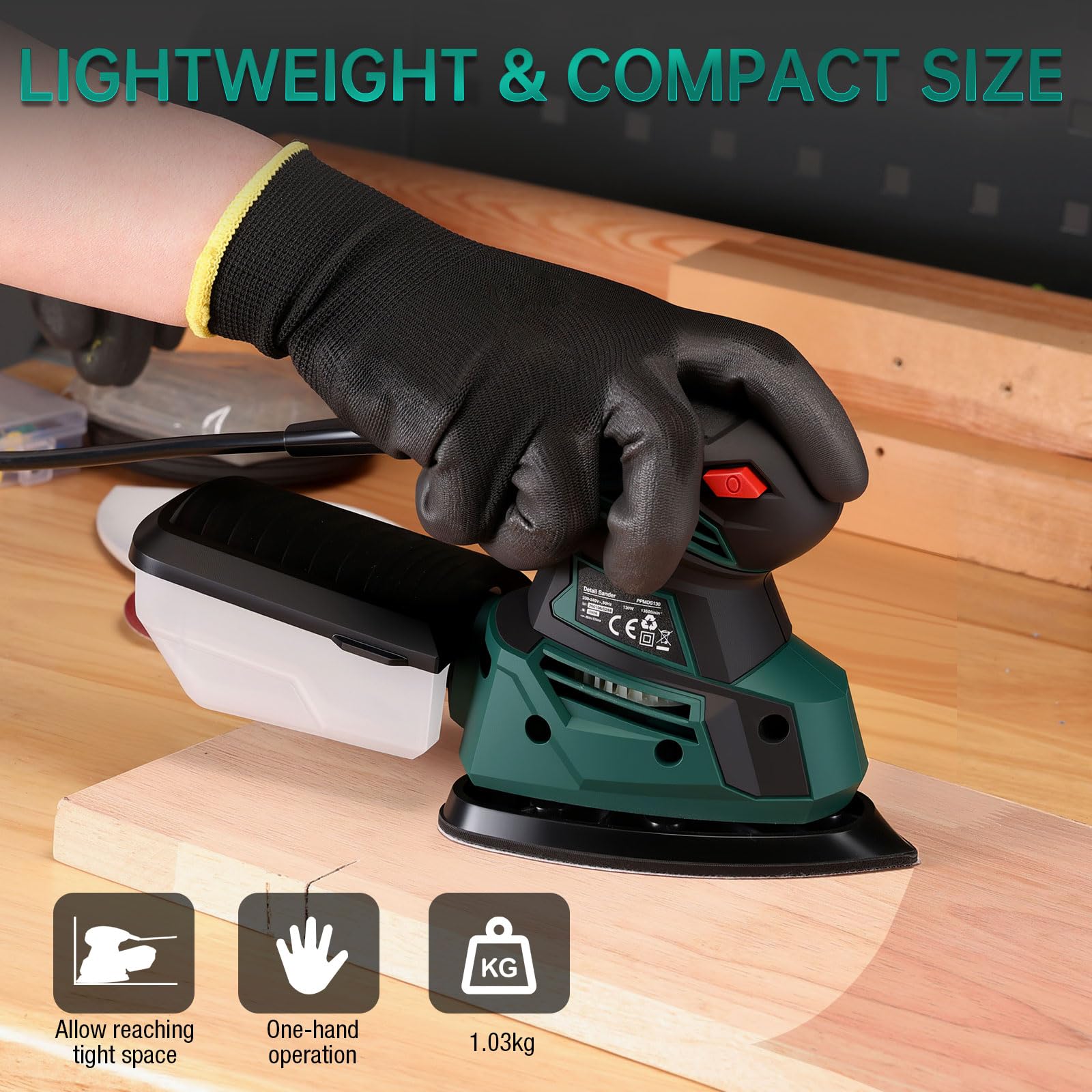 Ponceuses de Détail, POSENPRO 130W Ponceuse Electrique 13500 tr/min, Ponceuse Triangulaire avec Dépoussiéreur et 12 Abrasifs, Ponceuse Bois Parfaite pour les Bois et Acier
