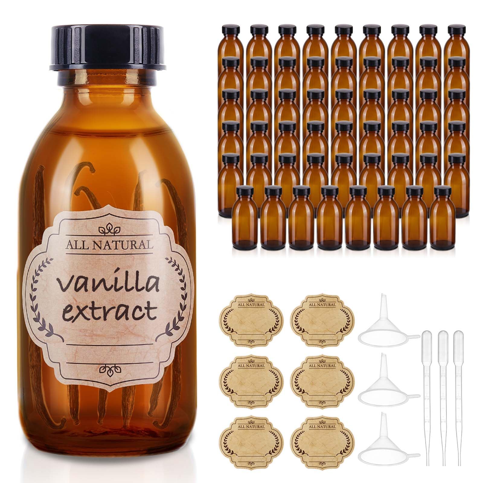 54 Pack 4 oz Boston Glass Bottle with Cap, Empty Glass Bottles for Homemade Vanilla Extract, Essential Oils, Juice, Potion, Syrup, Liquids, Christmas, Holiday Gift (Brown)