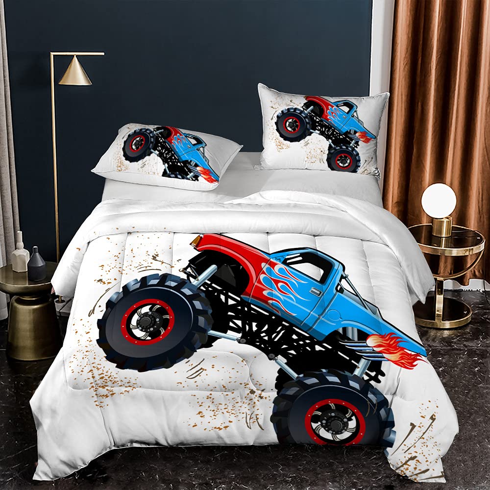 3D Cartoon Monster Trucks Twin Comforter Set,Blue Gallop Monster Trucks All Seasons Comforter Set for for Kids Teens Men Bedroom Quilt Set (Twin)