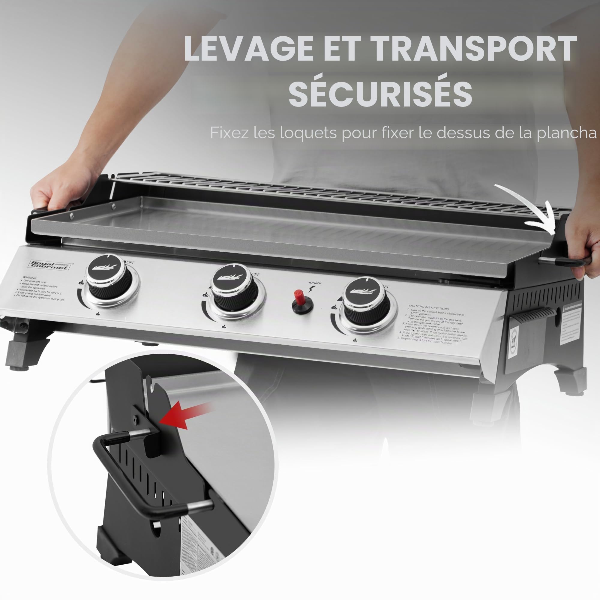 Royal Gourmet PD1303S – Plaque de cuisson à gaz portable de 61 cm avec plaque amovible pour barbecue au propane à 3 brûleurs, idéale pour la cuisine en plein air, comprend une grille chauffante et une