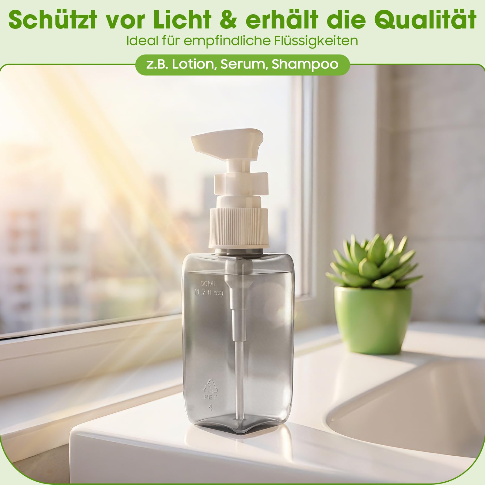 4-in-1 Reisespender zum Befüllen, 4 x 50 ml Reiseflaschen im Hartschalen-Etui, inkl. 3 Pumpspender + 1 Sprühflasche + 1 Trichter + Etiketten, auslaufsicher, ideal für Flugzeug-Handgepäck (Grau) - 3