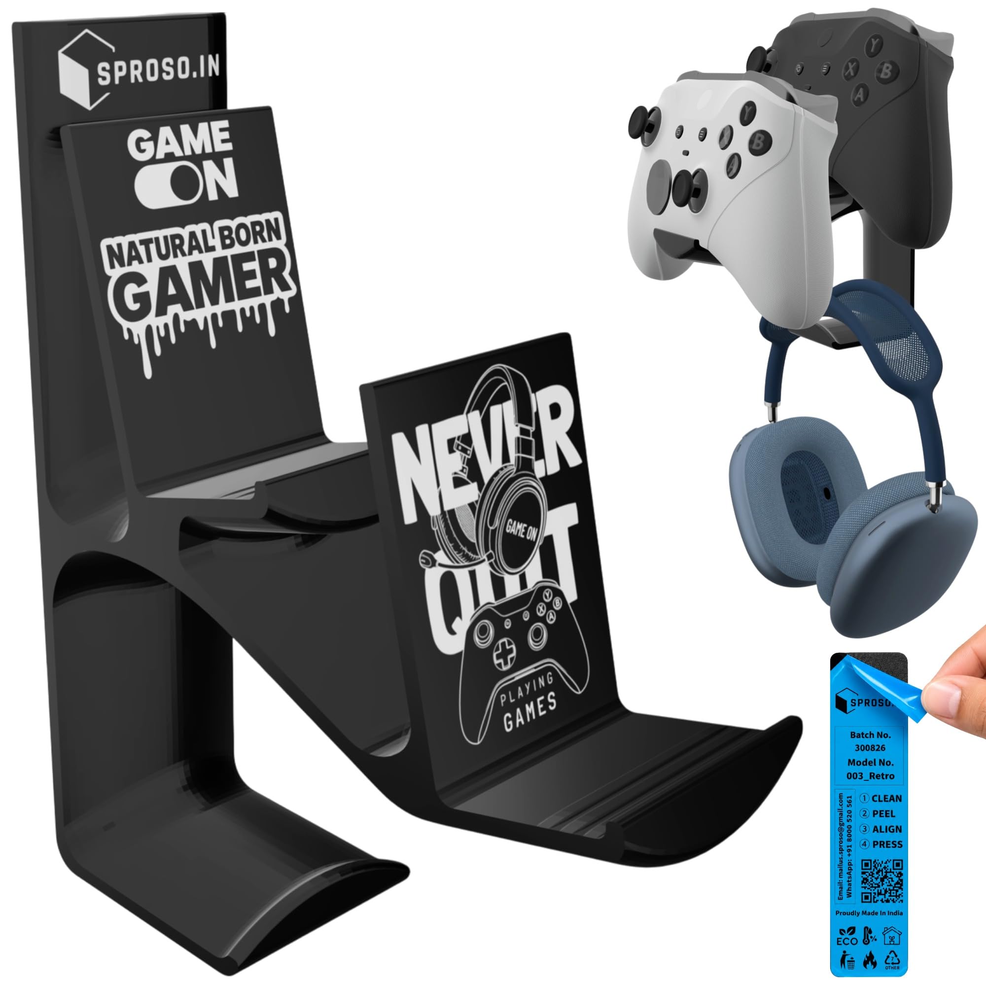 retro dual gaming controller & headphone stand wall mount with cable holder | stick-on adhesive no-drill | abs organizer for gaming room & desk | includes cleaning wipes (black, pack of 1)