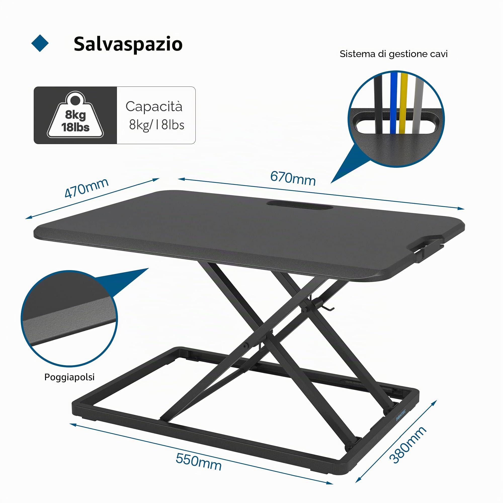 BONTEC Convertitore da Scrivania Seduto-in Piedi, Workstation da Ufficio Ultra Robusta Regolabile in Altezza,Rialzo Ergonomico X-Frame, Adatto per Schermi di Computer PC, Tastiere, Laptop fino a 8 kg