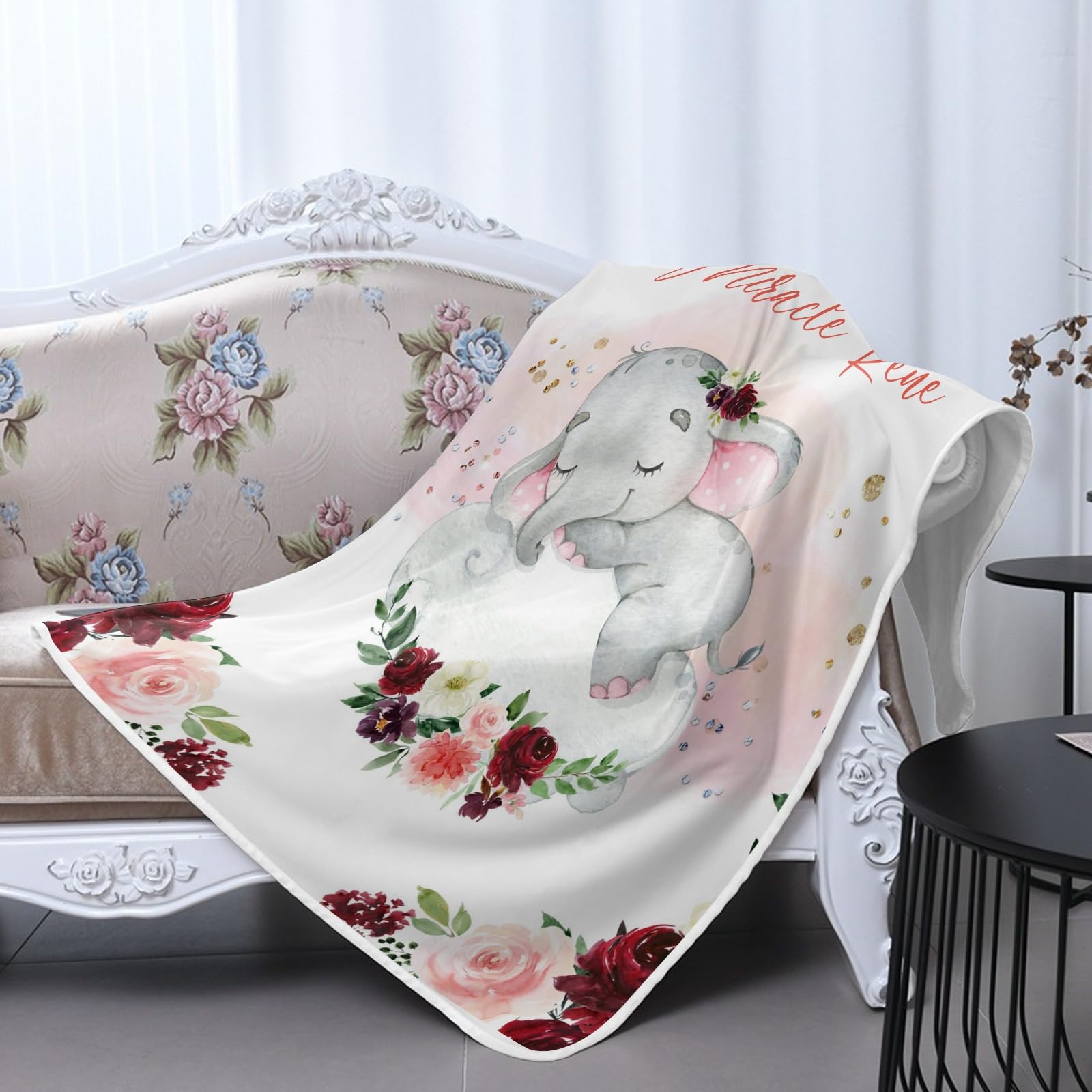 Personalized Name Girl Elephant with Pink Floral AC Blanket with Sleep Mask, Gifts for Boys Teens,10x15Inch