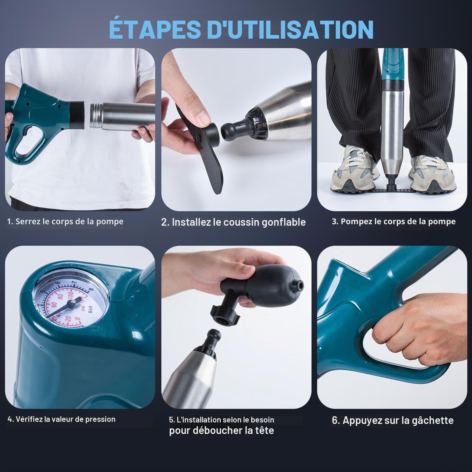 Déboucheur de canalisations à air comprimé, pompe de débouchage avec compression d'air et indicateur de pression d'air, pompe de nettoyage de canalisations à air comprimé avec 4 ventouses et gants