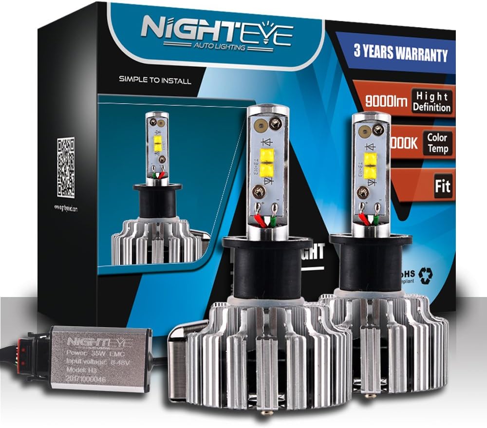 NIGHTEYE Automotive LED Headlight Bulbs - H3 70W 9000LM/Set 6000K Cool White - 3 Yr Manufacture Warranty