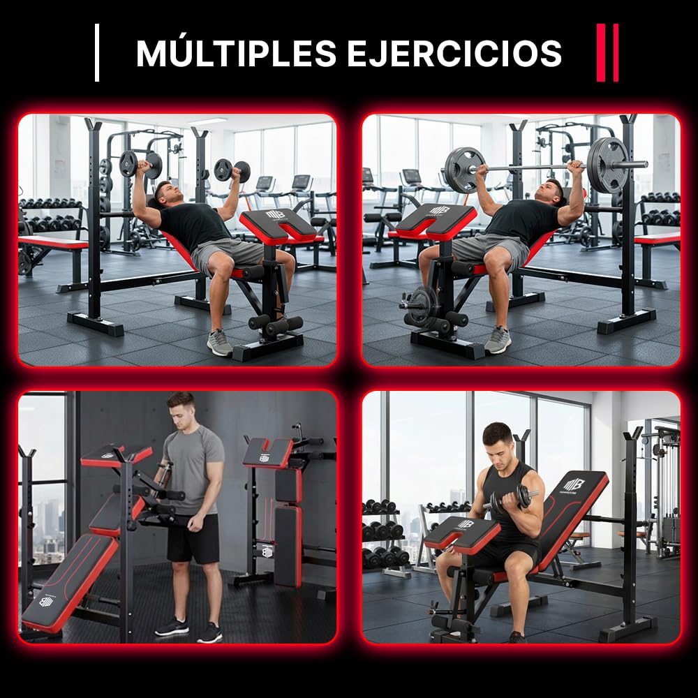 ManiBoom Banco de Musculación PLEGABLE y AJUSTABLE – Banco de Pesas Multifuncional con Soporte para Barra, Carga Máxima 300 kg y Banco de Abdominales Estable para Entrenar en Casa