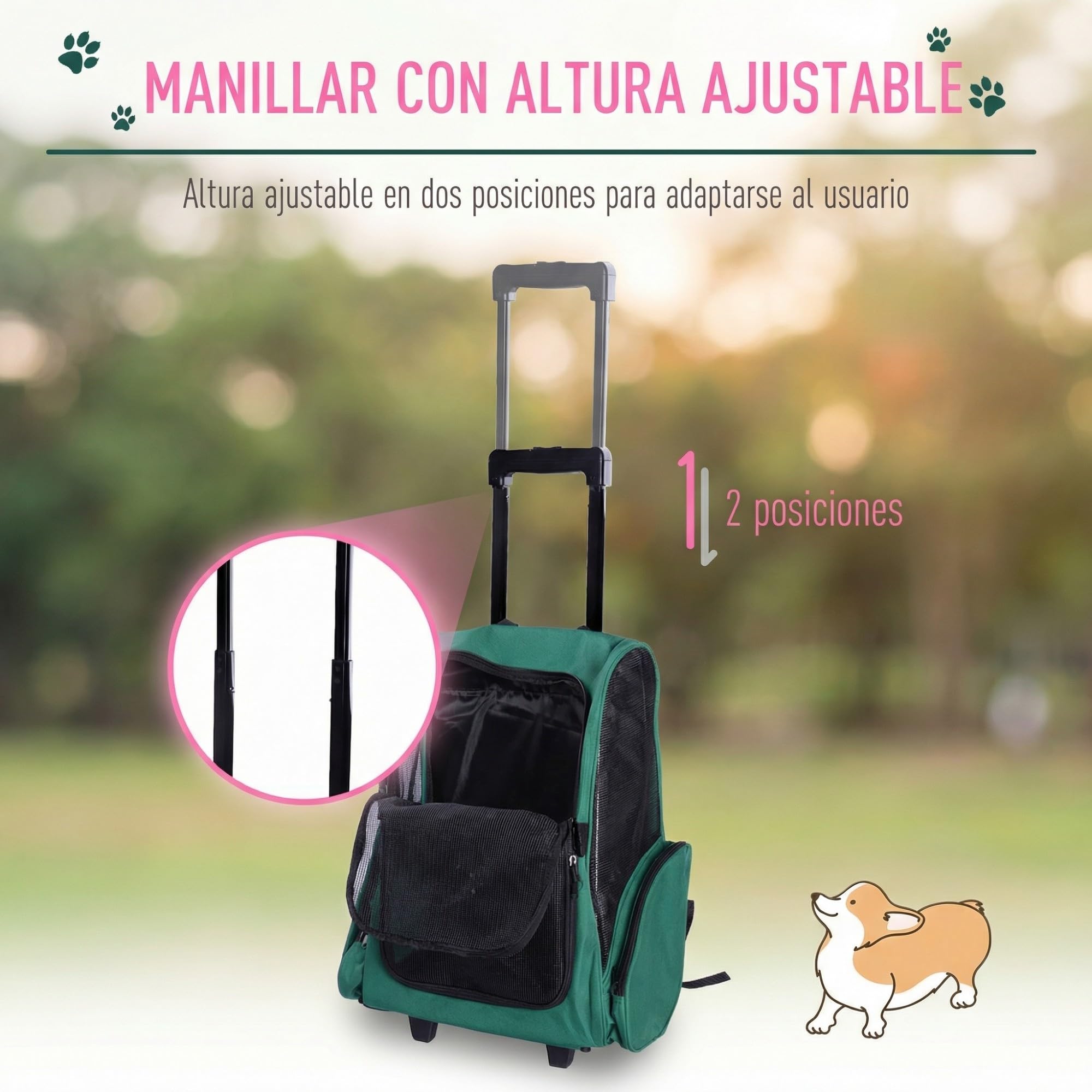 PawHut Transportín 2 en 1 para Mascotas Mochila o Carrito de Viaje para Perro y Gato con 2 Ruedas con Asa retráctil de Aluminio y Bolsillos 42x25x55 cm Verde
