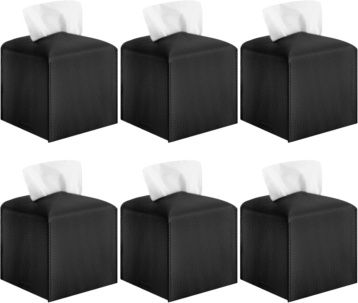 6-Pack Square Tissue Box Cover Holder, Black PU Leather Decorative Covers for Living Room, Bathroom, Office & Car