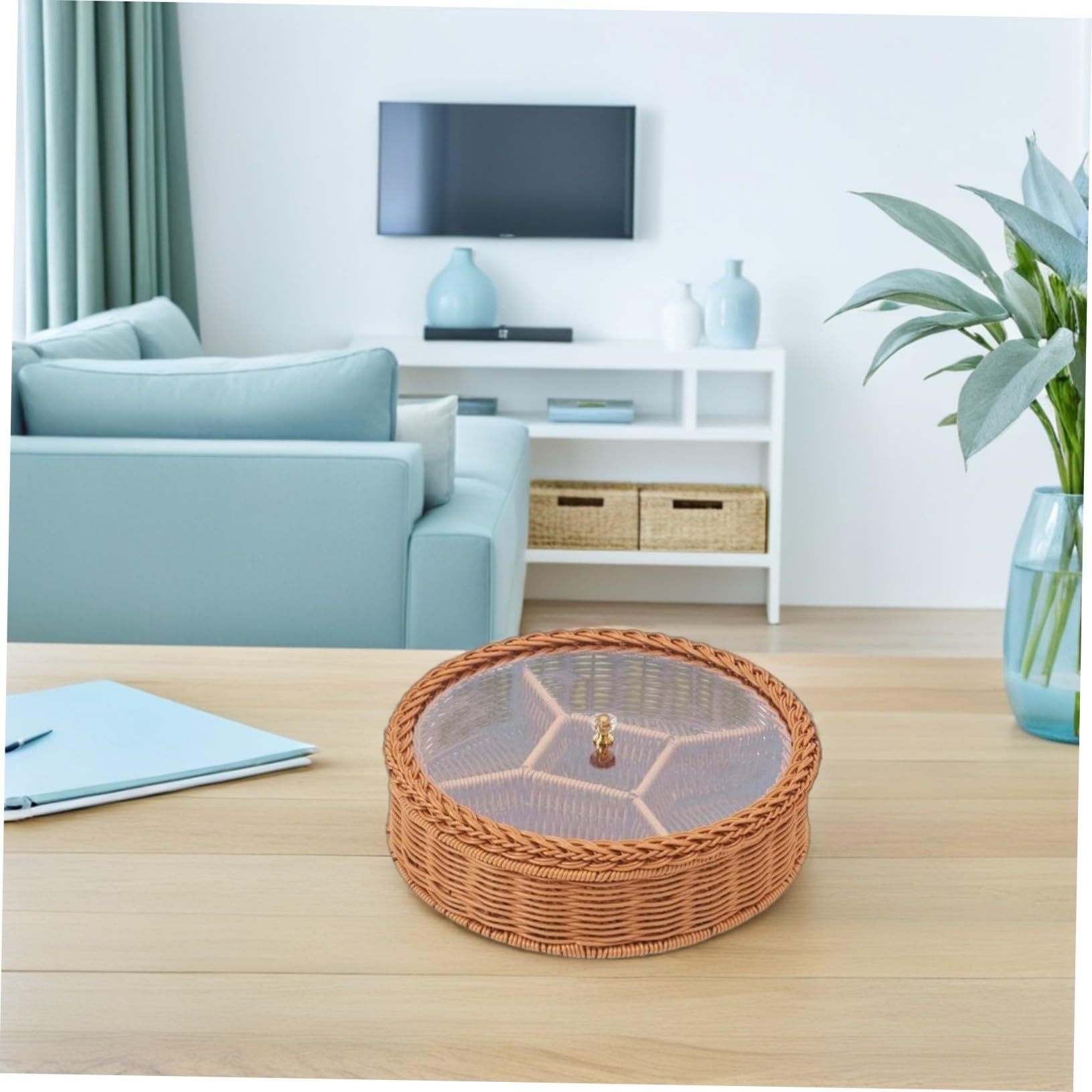 MAGICLULU Plateau De Service Compartimenté 5 Compartiments Plastique Tissé à La Main Transparent Multifonction Salon Bureau Panier De Fruits Secs Noix Bonbons Fruits avec Couvercle