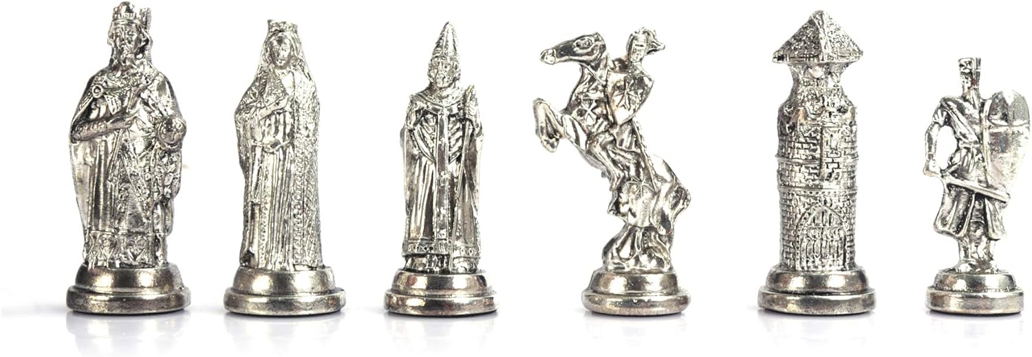 Metal Chess Sets for Adult Ottoman vs Byzantine Empire Figures,Handmade Pieces and Different Design Wooden Chess Board (Black Marble)