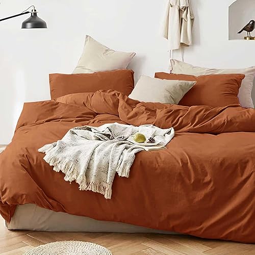 Miniatura 2 de Juego de edredón tamaño matrimonial color naranja quemado - Juego de ropa de cama terracota estética moderna de 3 piezas - Juego de edredón de