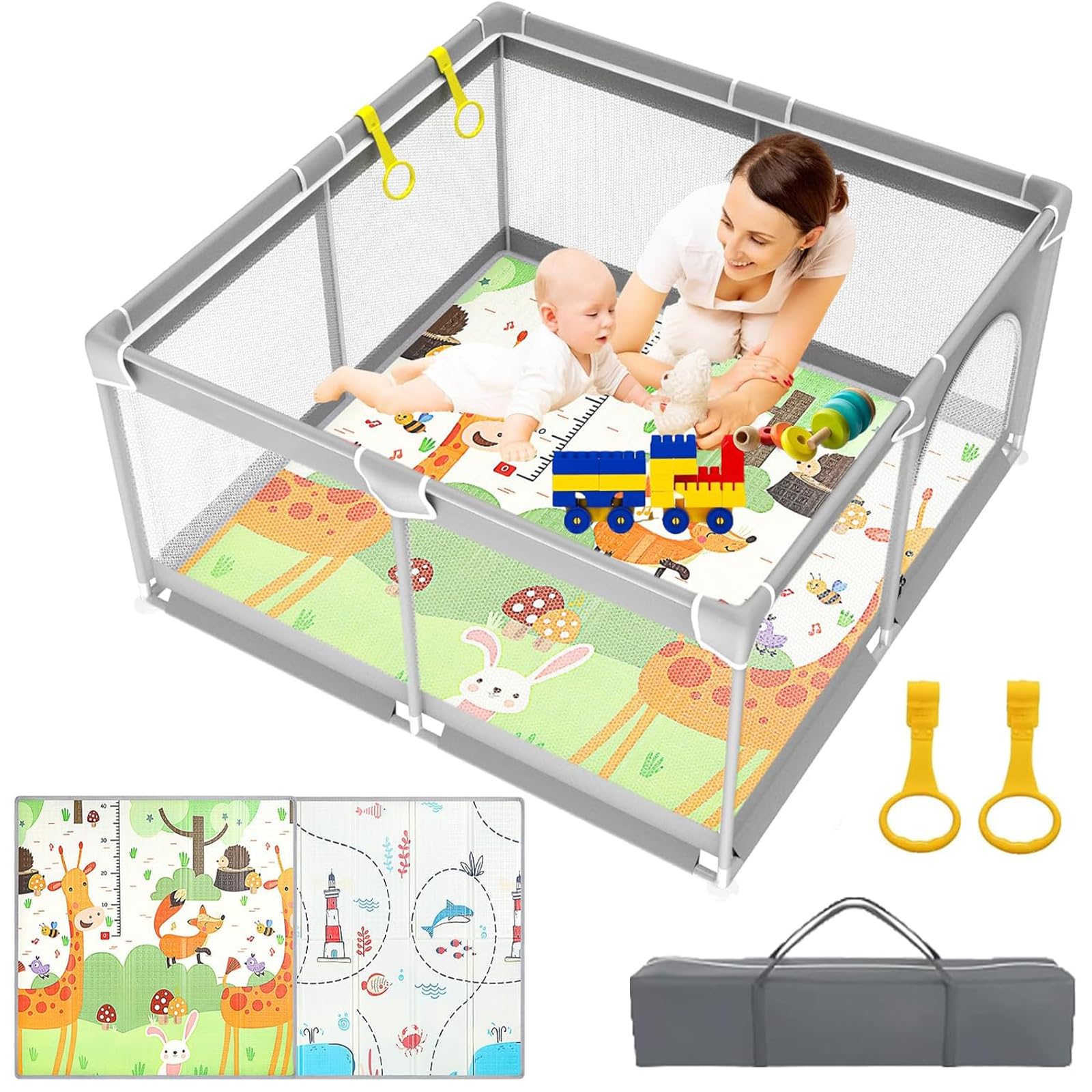 YOBWOK Baby Playpen with Mat,120x120cm Play Pen for Babies and Toddlers,Playard for Apartment,Kids Safety Play Yard Indoor Baby Fence Activity Center with Soft Breathable Mesh