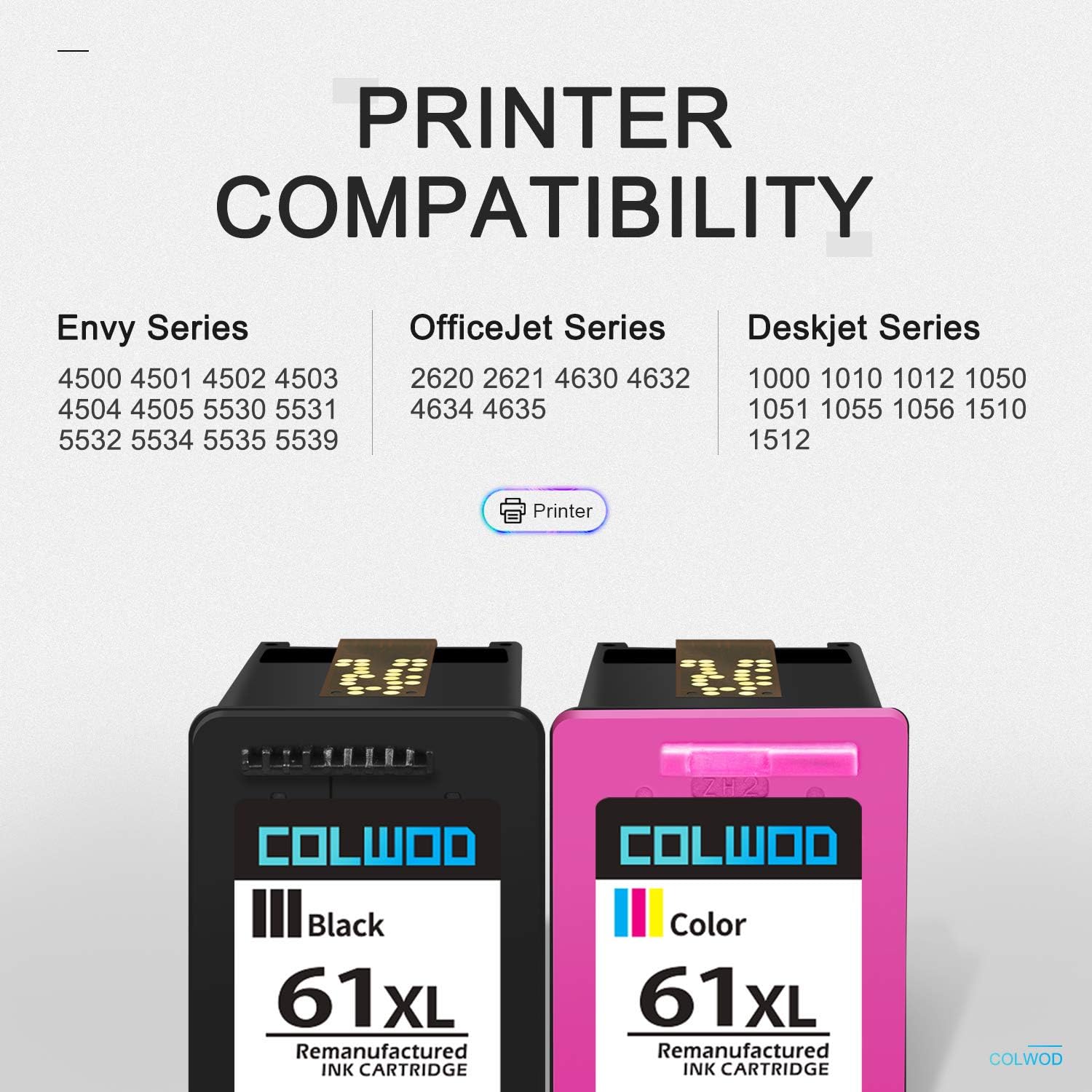 ❤ Crazy Deals COLWOD Re-Manufactured 61 Ink Cartridge Replacement for HP 61 61XL Combo Pack uses for HP Envy 4500 5530 DeskJet 1000 1010 1510 1512 3050A 3052A Officejet 2620 4632 Printer (1 Black+ 1 Tri-Color)