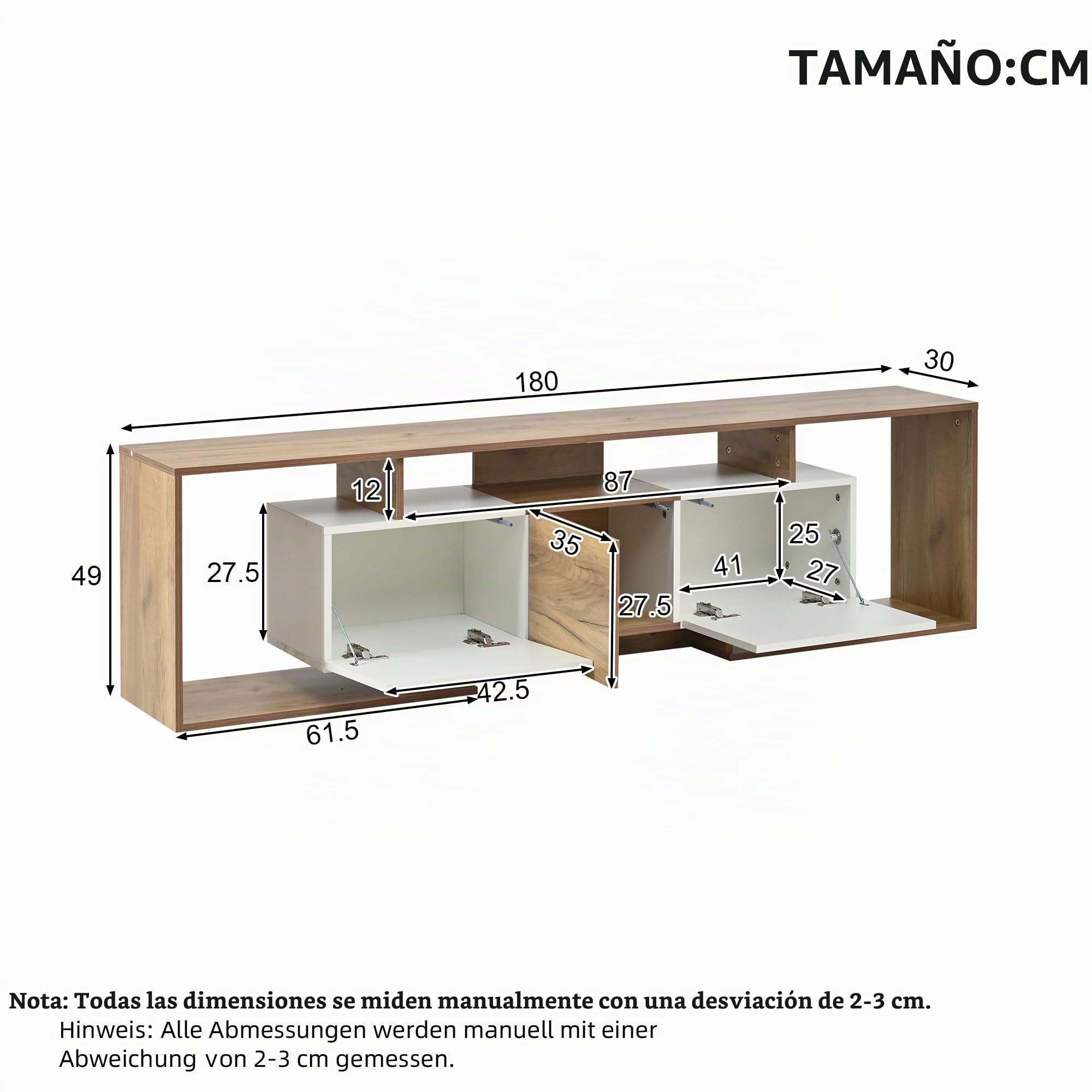 Mueble de TV bajo con espacio de almacenamiento, 180 cm, color
