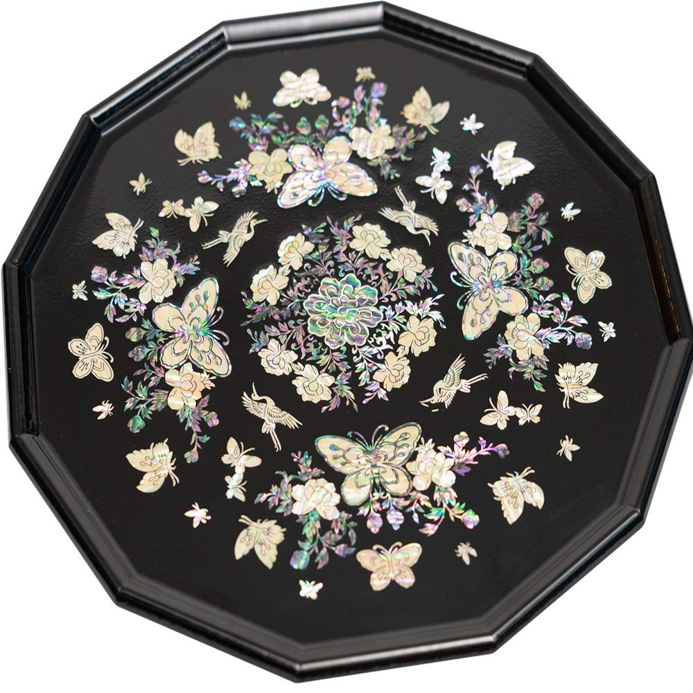 February Mountain Mother of Pearl Tray Decorative Serving Tray for Breakfast,Snacks,Gadgets,Vintage Handcrafted Coffee Table, Kitchen Counter Housewarming Gift Ideas (Black)