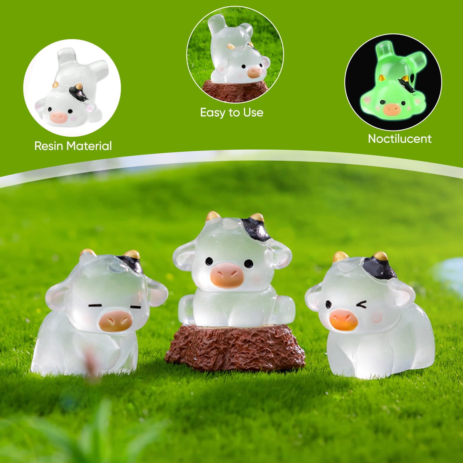 6PCS Mini Resin Animals Cow Figurines, Tiny Luminous Resin Animal Figures for DIY Crafts Fairy Garden, Home Decor - Image 3