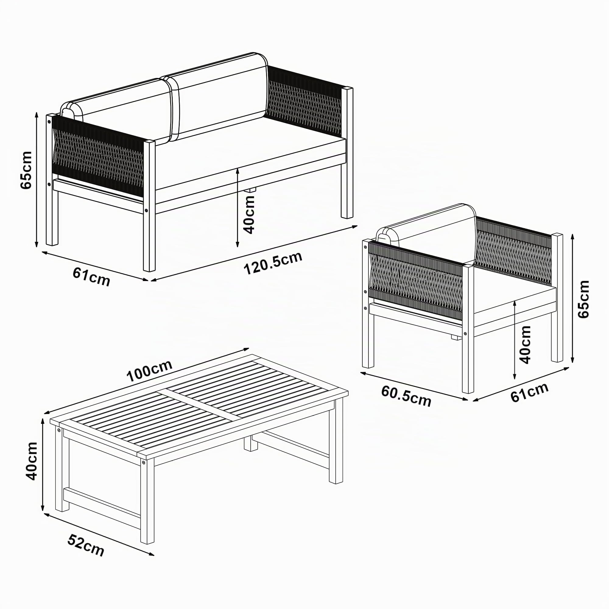 casa.pro Set Salottino per Uso Esterno Mobili da Giardino Patio Terrazza Set Composto di Tavolo Divano e 2 Poltrone Arredo in Legno di Acacia