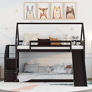 Harper & Bright Designs House Bunk Bed with Slide and Stairs, Kids Bunk Bed Twin Over Twin Size, Wooden Twin Bunk Bed for Girls Boys, No Box Spring Needed, Espresso