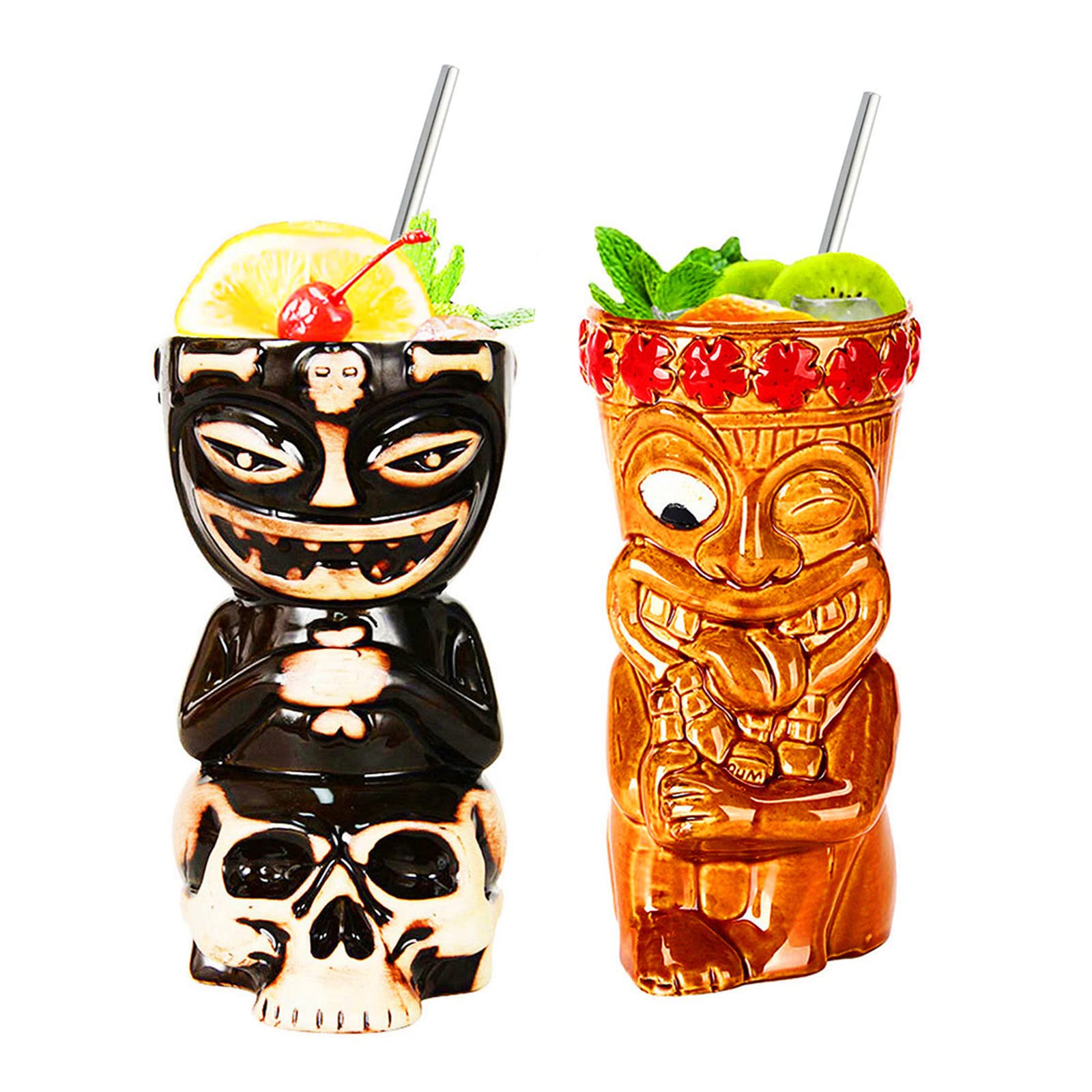 Tiki Mugs, Tiki Glasses Set, Cocktail Mugs, 2 Piece Cocktail Glasses Set, Tiki bar Accessories, Hawaii Party for Premium Tropical Cups Drinks for Exotic Party