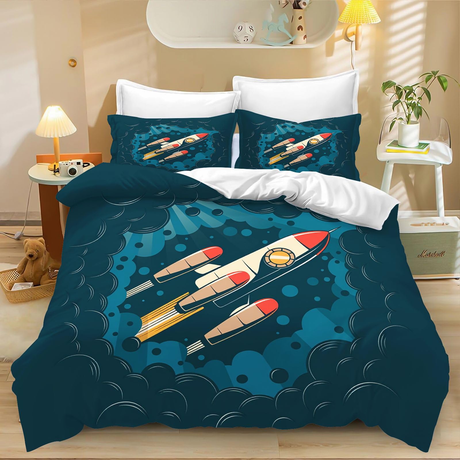 Fgolphd Space Rocket Print Duvet Cover Set, Soft Microfiber Single-135x200cm Bedding with Zipper, All Seasons Bedroom Decor
