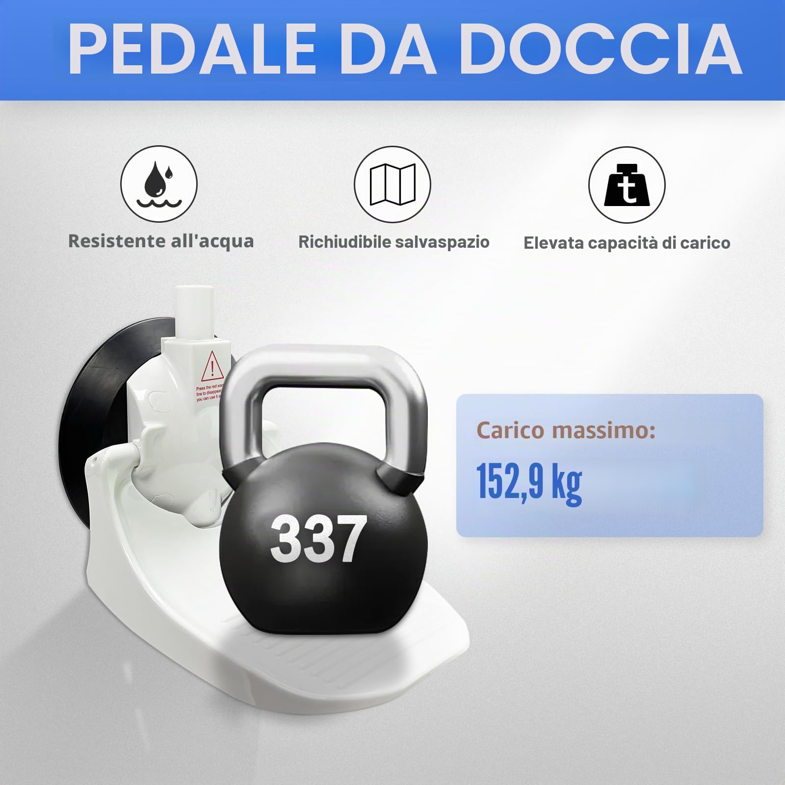 Poggiapiedi doccia per gambe da barba con ventosa industriale aggiornata, adatto solo per pareti lisce e non porose e più grandi da 13 cm, bianco, confezione da 1