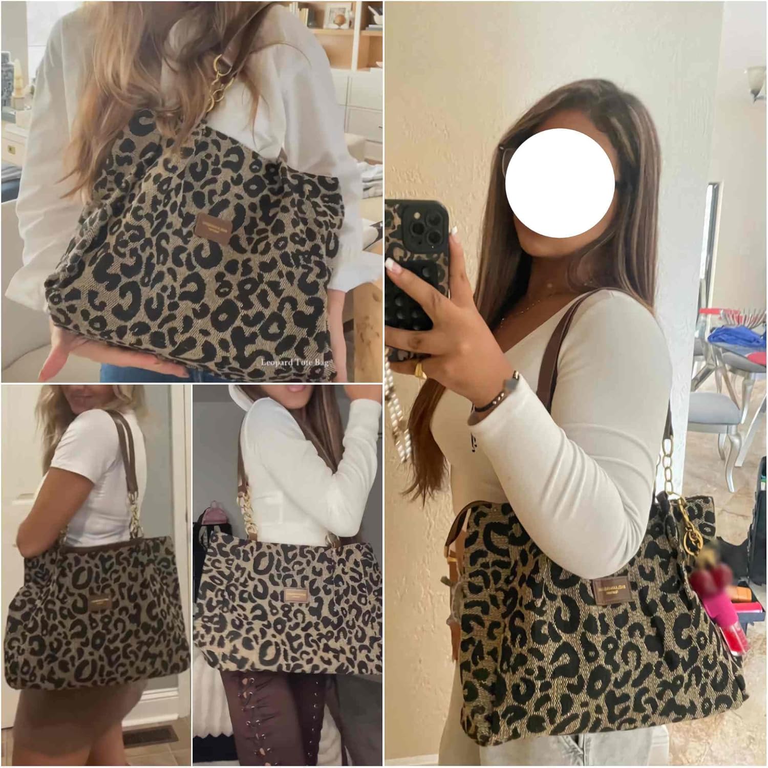 leopard cheetah print tote shoulder bag, canvas animal print chain handbag with zipper, y2k trendy fun everyday tote purses gifts for women - Image 2