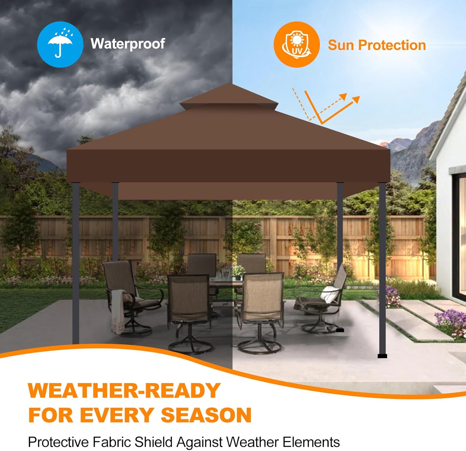 10x10 Canopy Replacement Top Cover Canopy Top Replacement Double Layer Vented Sunshade Cover Fits Standard 10'x10' Outdoor Gazebo Frame for Backyard/Patio/Garden Waterproof UV Resistant (Brown)