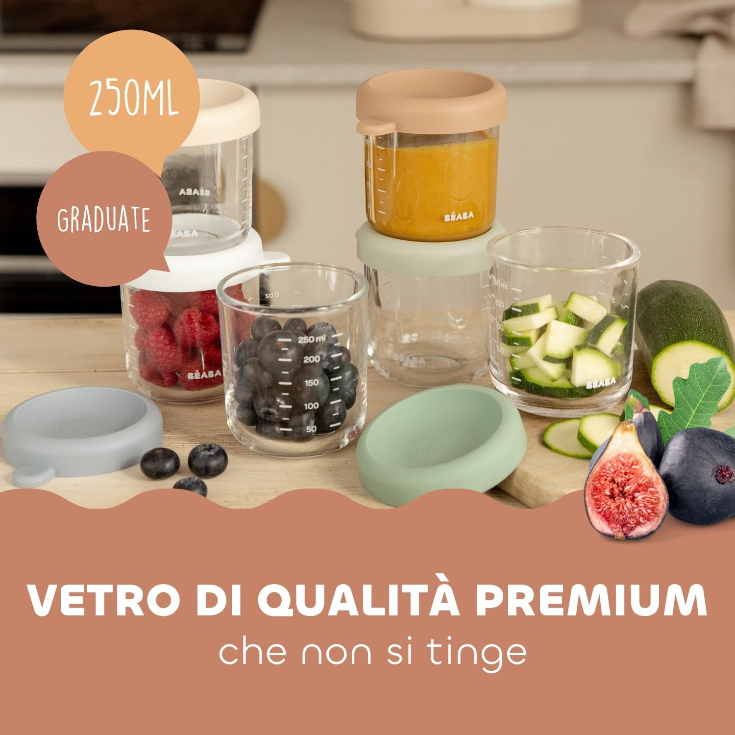 BÉABA, Set 10 Contenitori in Vetro per la Conservazione dei Pasti del Bambino/Vetro Resistente, 100% Ermetici, Resistenti Caldo Freddo, Congelamento, Sterilizzazione, Graduati, 250 ml, Natural Colors