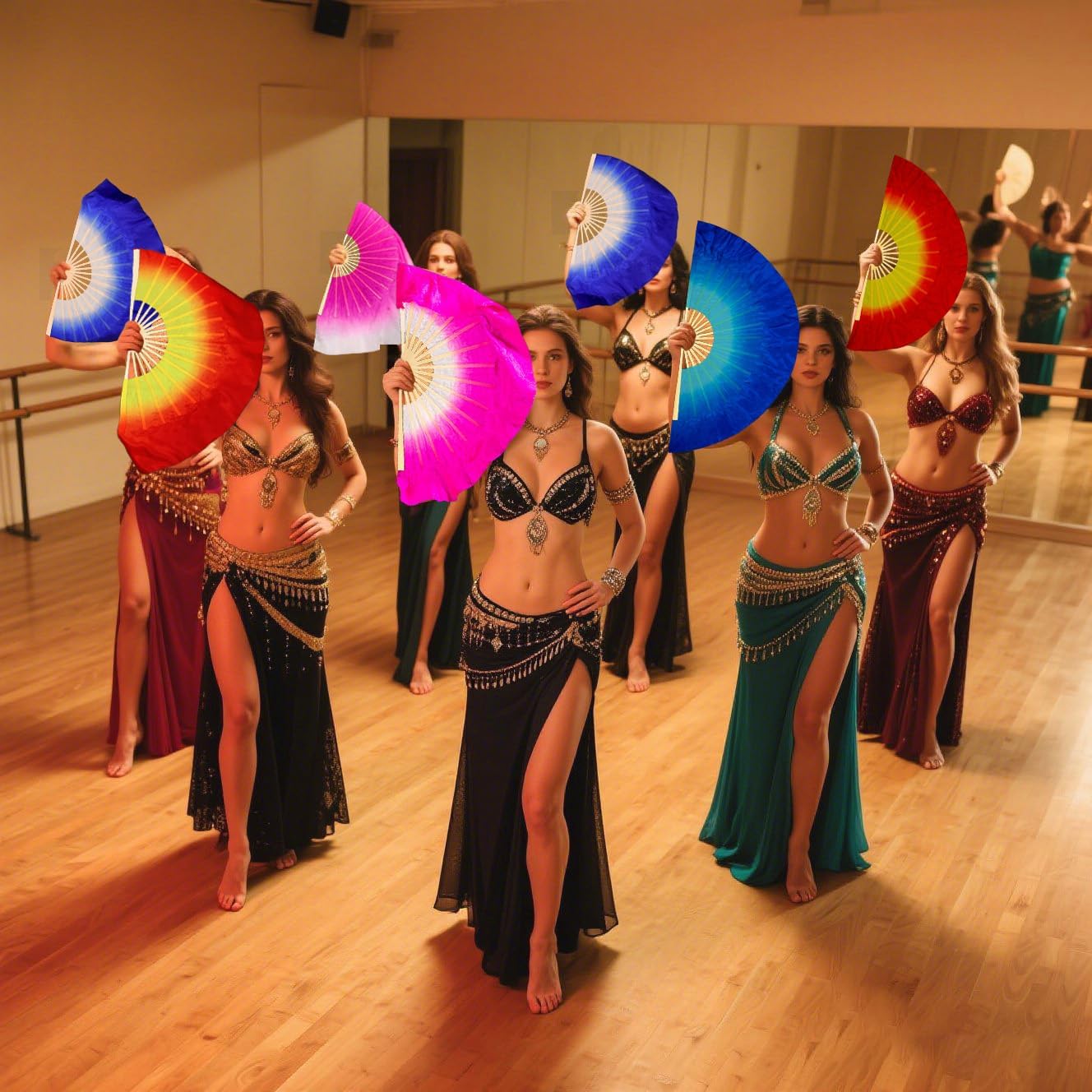 Nimiman Women Real Silk 1 Pair 40cm(15.7") Colorful Belly Dancing Silk Bamboo Veils Dance Short Fan Veil Gradient Color - Image 7