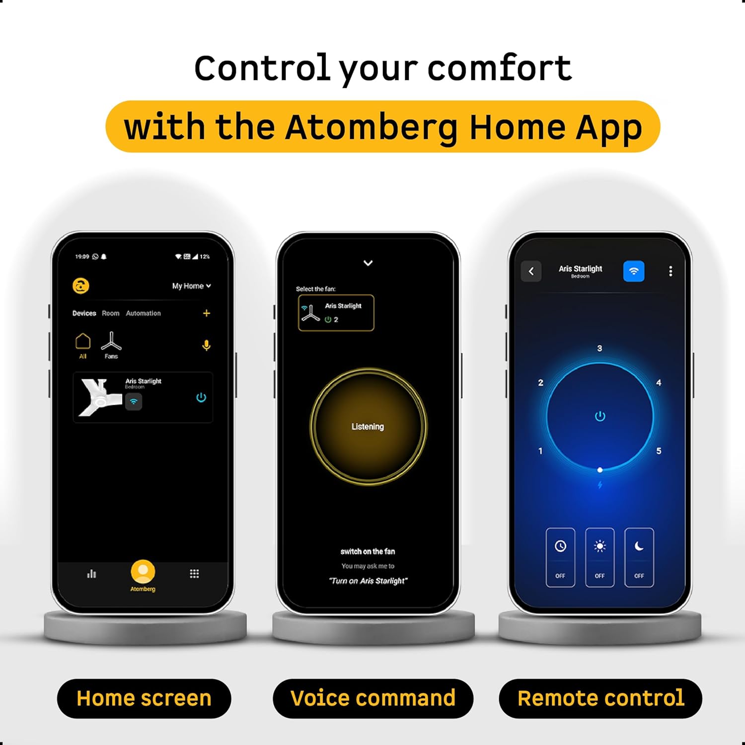 Screenshots of the Atomberg Home App showing home screen, voice command interface, and remote control interface.