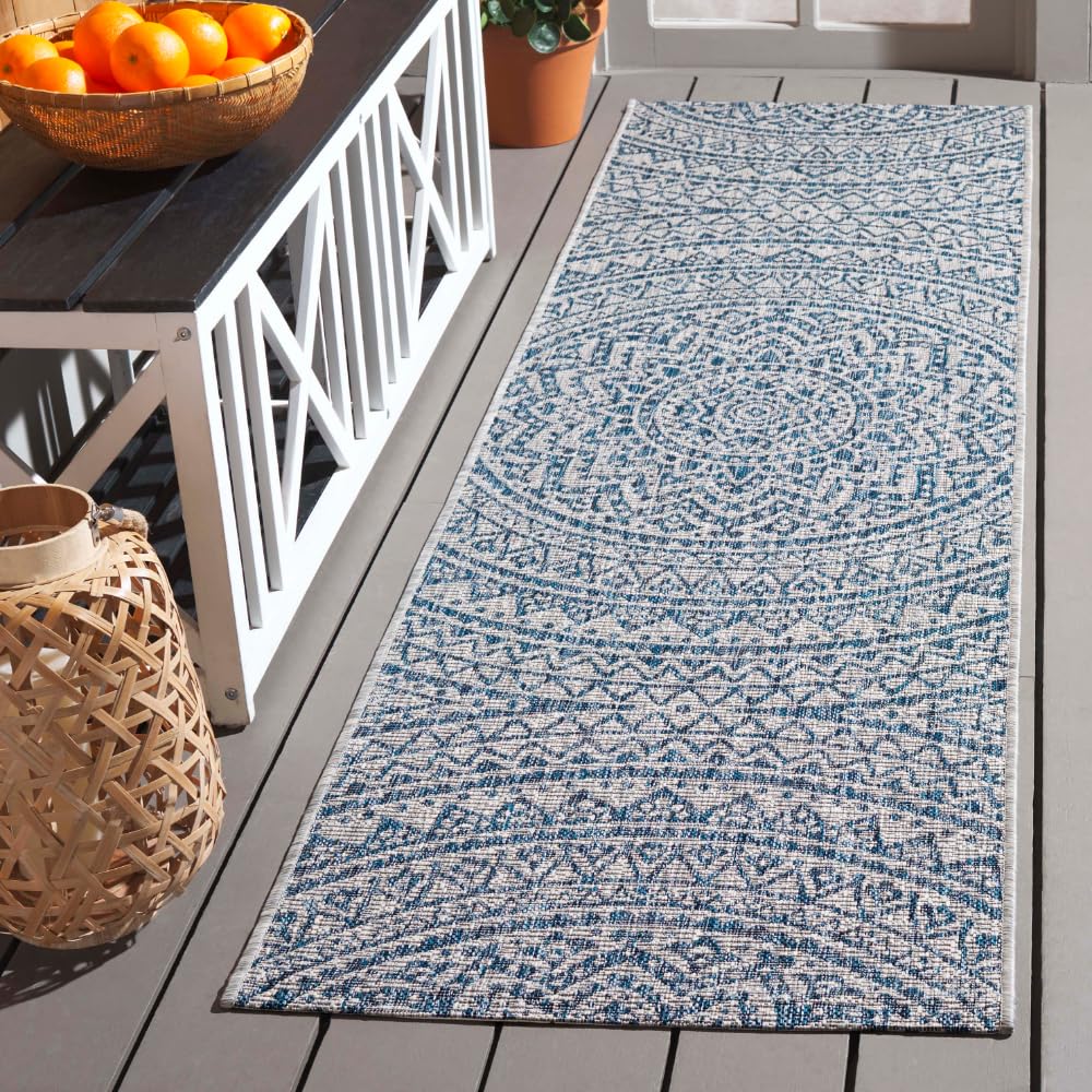 SAFAVIEH Washable Rug Outdoor Courtyard Collection - 2'3" x 8' Runner, Light Grey & Blue, Non-Shedding & Easy Cleaning, Ideal for Patio, Entryway,
