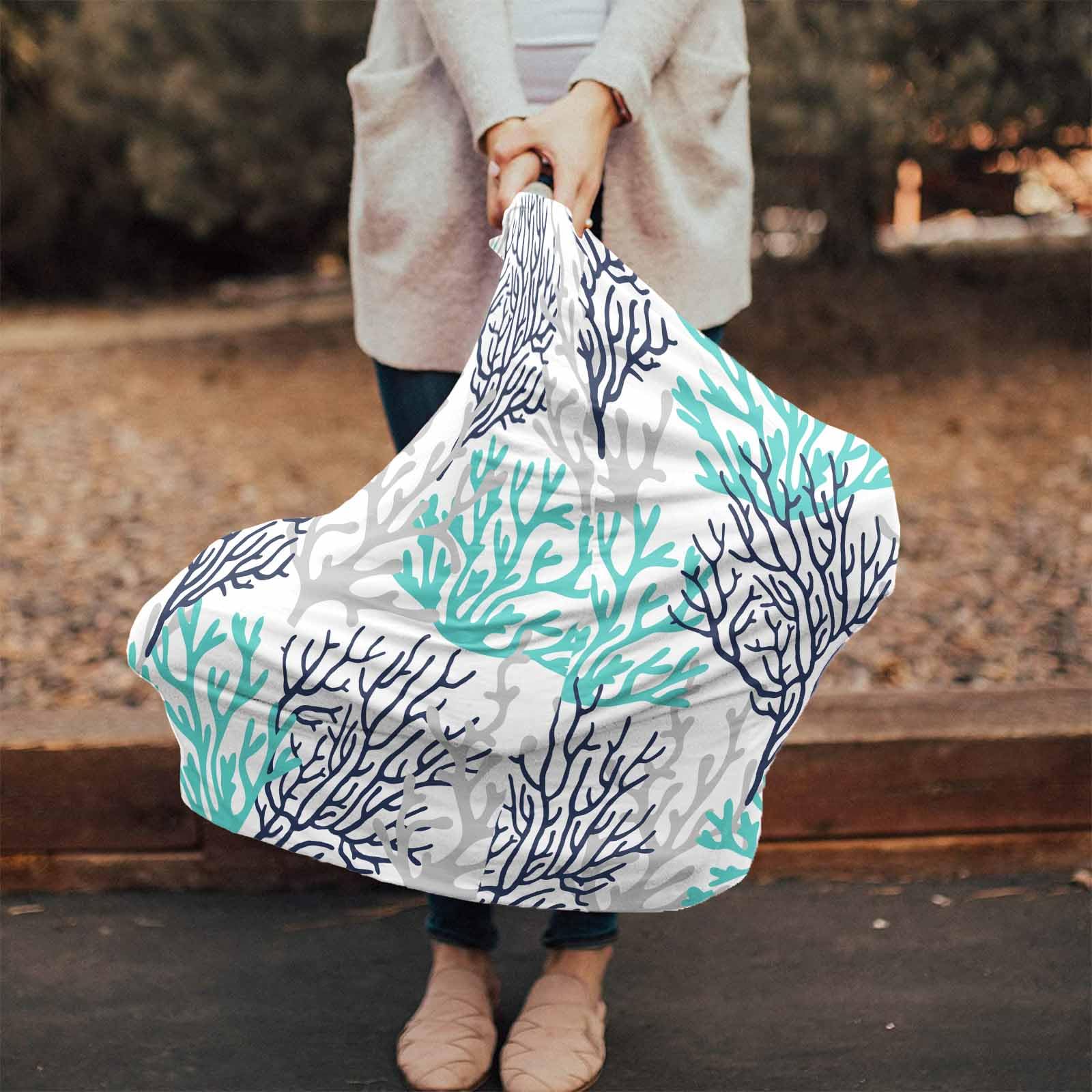 Nursing Cover for Breastfeeding Scarf, Summer Sea Blue Teal Gray Coral Baby Car Covers Super Soft Multi Use for Canopy Shopping Cart Cover Blanket Stroller Cover