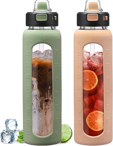 Miniatura 1 de Kodrine Botella de agua con popote suave y lazo de transporte, botella de agua de vidrio de 32 onzas, botella con tapa de bloqueo a prueba de fugas,