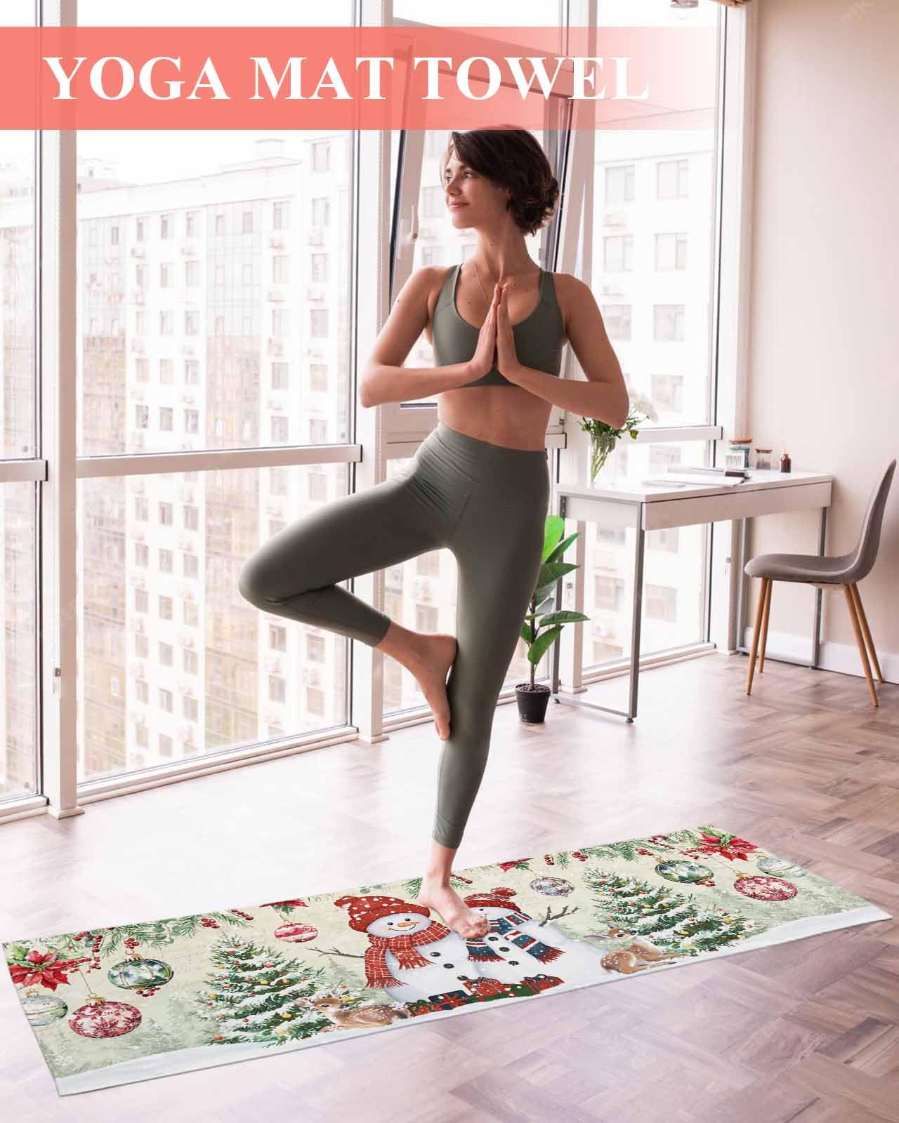 BOSIJOY Yoga Mat Towel,Winter Christmas Snowman Xmas Tree Non Slip Sweat Absorbent Hot Yoga Towels with Corner Pockets,Poinsettia Ball on Postcard Soft Microfiber Towel for Pilates Bikram 70