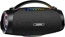 Caixa de Som Bluetooth Portátil 200W, Basike Boombox V97 Pro com Powerbank, IPX6 À Prova D'água e Resistente À Poeira, Luz RGB Surround, Tecnologia TWS, 8h de Autonomia, EQ/TWS/TF/AUX