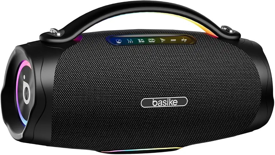 Caixa de Som Bluetooth Portátil 200W, Basike Boombox V97 Pro com Powerbank, IPX6 À Prova D'água e Resistente À Poeira, Luz RGB Surround, Tecnologia TWS, 8h de Autonomia, EQ/TWS/TF/AUX