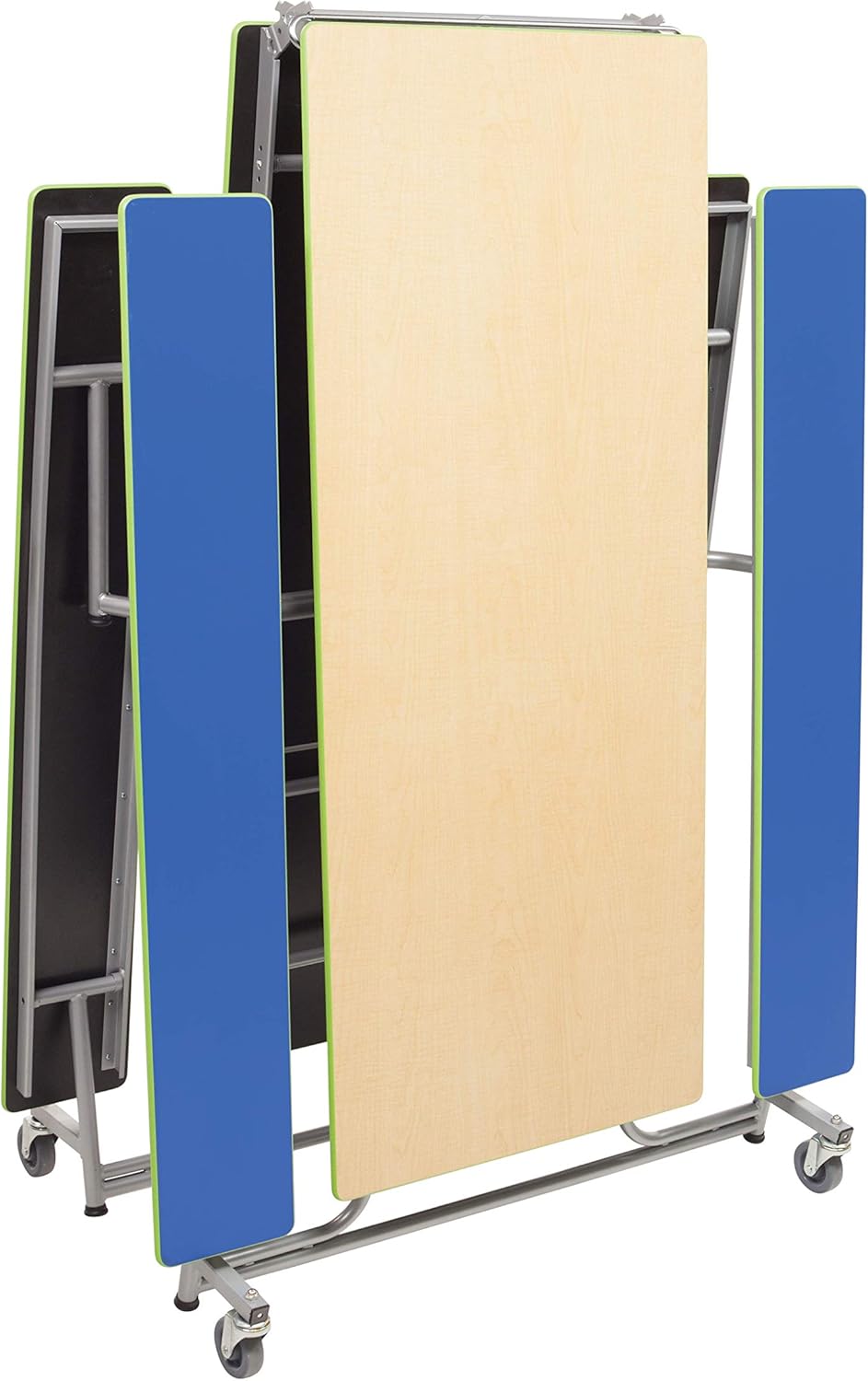 AmTab MBT10 Mobile Bench Table in folded, upright storage position with light wood top and blue benches.